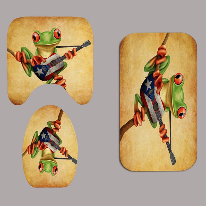 Cartoon gitaar kikker flanel antislip badmat toiletmat douchegordijn met 12 haken badkamerdecoratieset: Tapijtset ( (3 stuks)