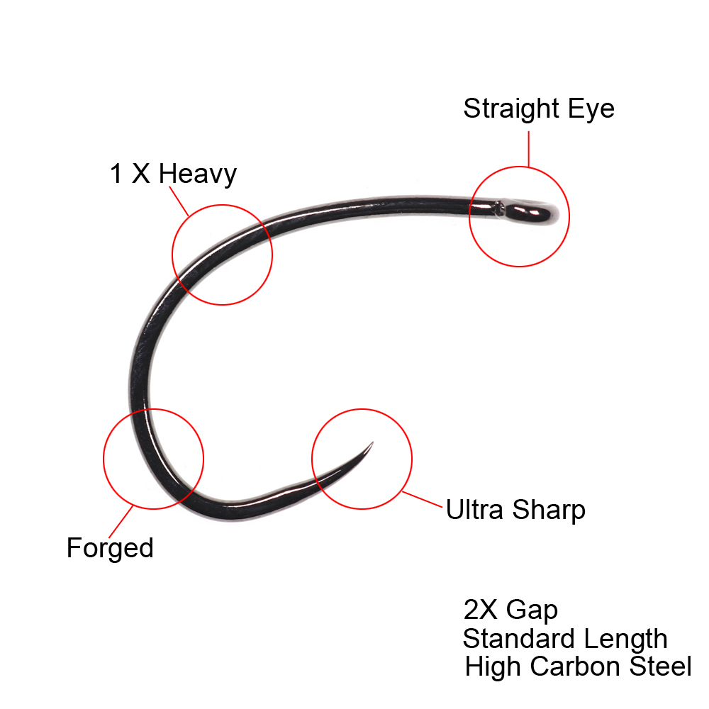 ICERIO 30PCS Black Nickel Barbless Curved Nymph Emerger Scud Shrimp Fly Tying Hook 2X Gap Trout Hook