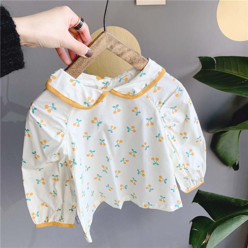 children's autumn products, girls Korean version of autumn clothes lapel floral small fresh shirt shirt: Yellow / 110cm