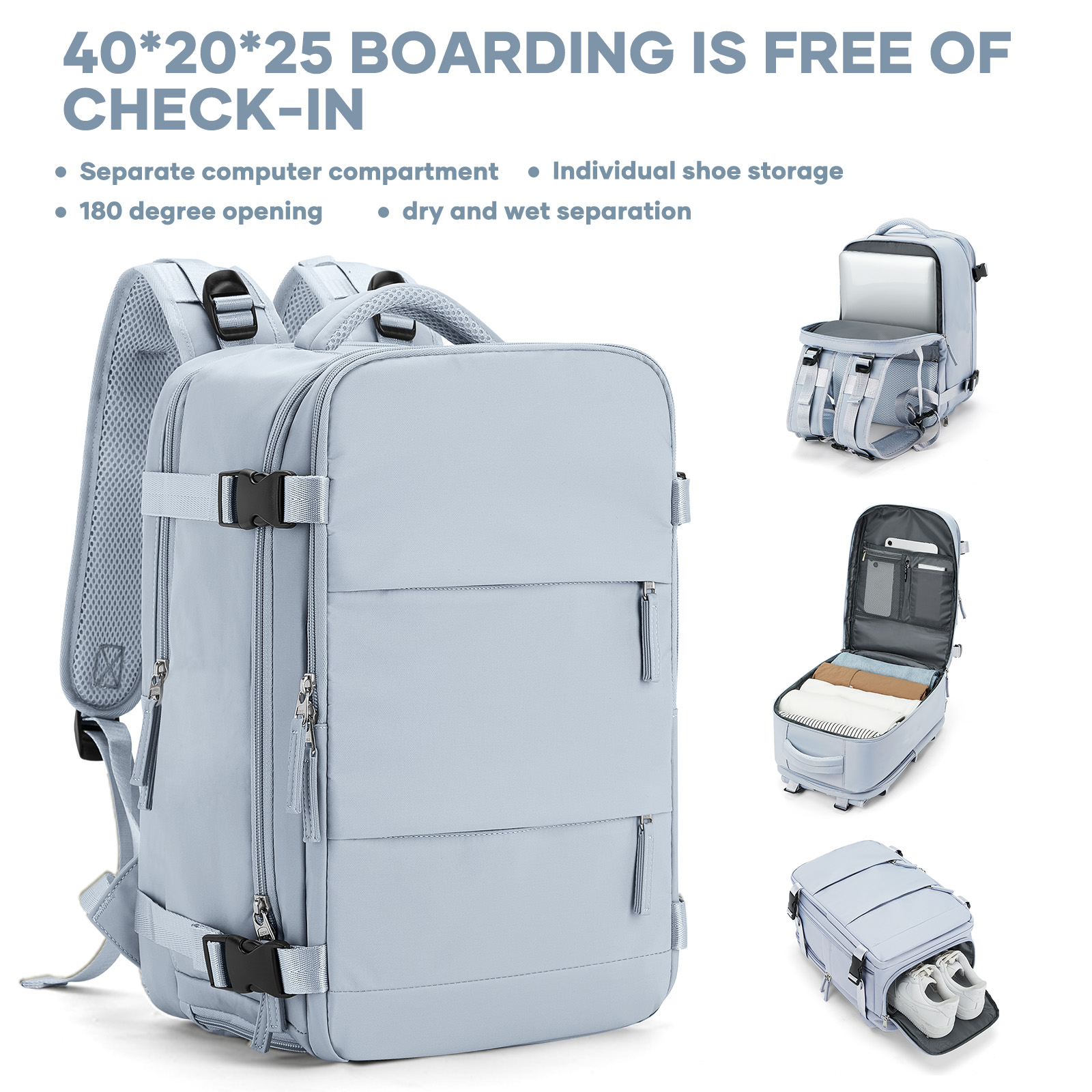 College Laptoptas Reisrugzak Grote capaciteit Easyjet 45x36x20 Rugzak Ryanair 40x20x25 Cabin Rugzak, Handbagage Tas: 12 Inches / Sky Blue