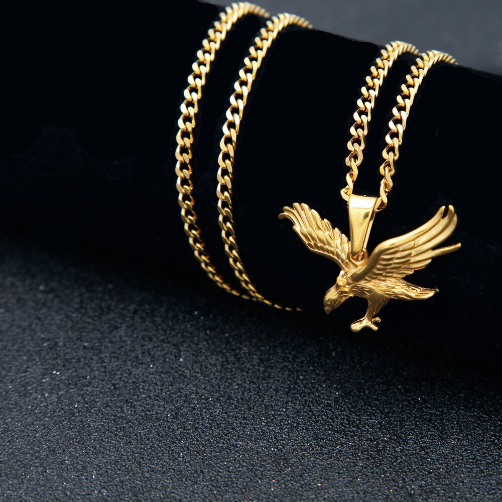 Halskette mit Adler-Anhänger für Herren - Edelstahl, Goldfarben, Hip-Hop/Rock-Stil