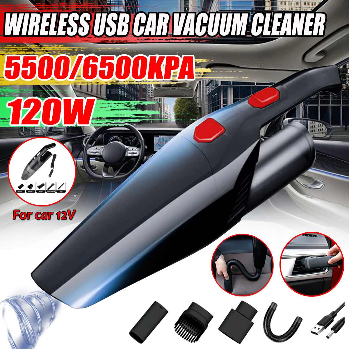 120W 5500/6500pa Strong Power Car Vacuum Cleaner Cordless Wet and Dry Dual Use Auto Portable Vacuums Cleaner For home Office