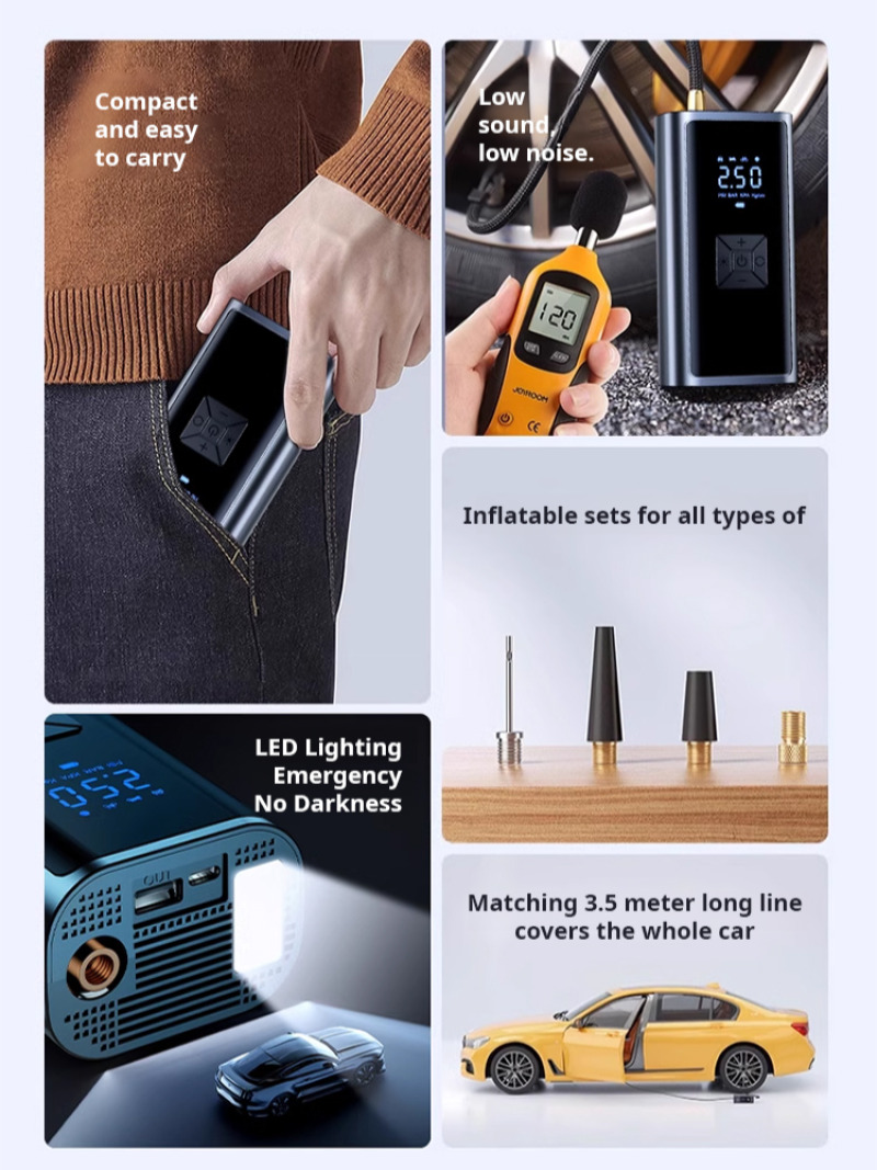 Trådlös uppblåsbar däckpump däcktryckspump helt i metall med lås för extra stark och kraftfull nödsituation