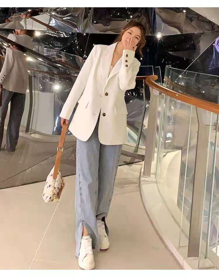 Veste ample décontractée pour Femme, Blazer blanc à mi-longue durée, printemps-automne