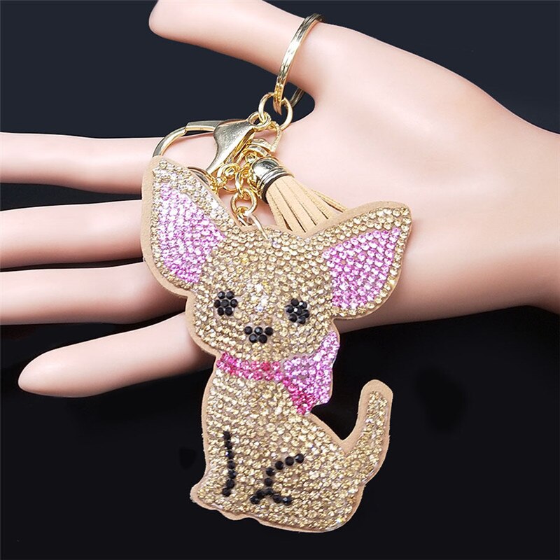 Chihuahua Dog Crystal Bag Accessories for Women Yellow Gold Color Keyring Jewelry llaveros para mujer K2502S01