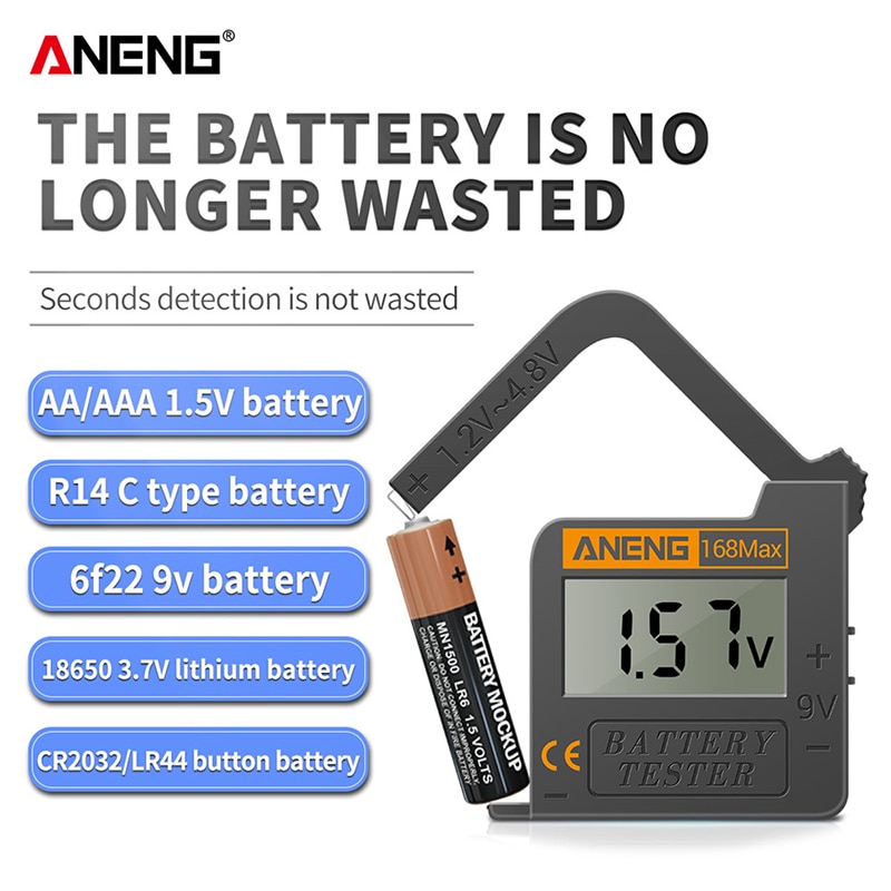 ANENG 168Max Universal Digital LCD Lithium Battery Checker Volt Tester For AA AAA C D 9V Button Cell