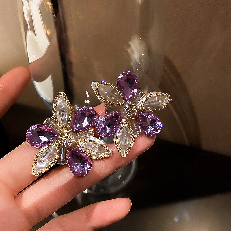 FYUAN Flower Purple Crystal Stud Earrings for Women Geometric Earrings Weddings Party Jewelry: Default Title