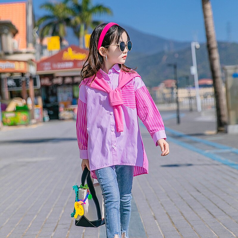 Girls Striped Shirt Long Sleeve Tops Casual Pink Loose Patchwork Fall Kids Sweet Girls Shirts for Teenage Girls Clothes