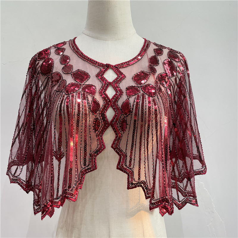 Vintage 1920s flapper xale lantejoulas frisado capa curta frisado decoração gatsby festa malha curto cobrir vestido acessório: RED