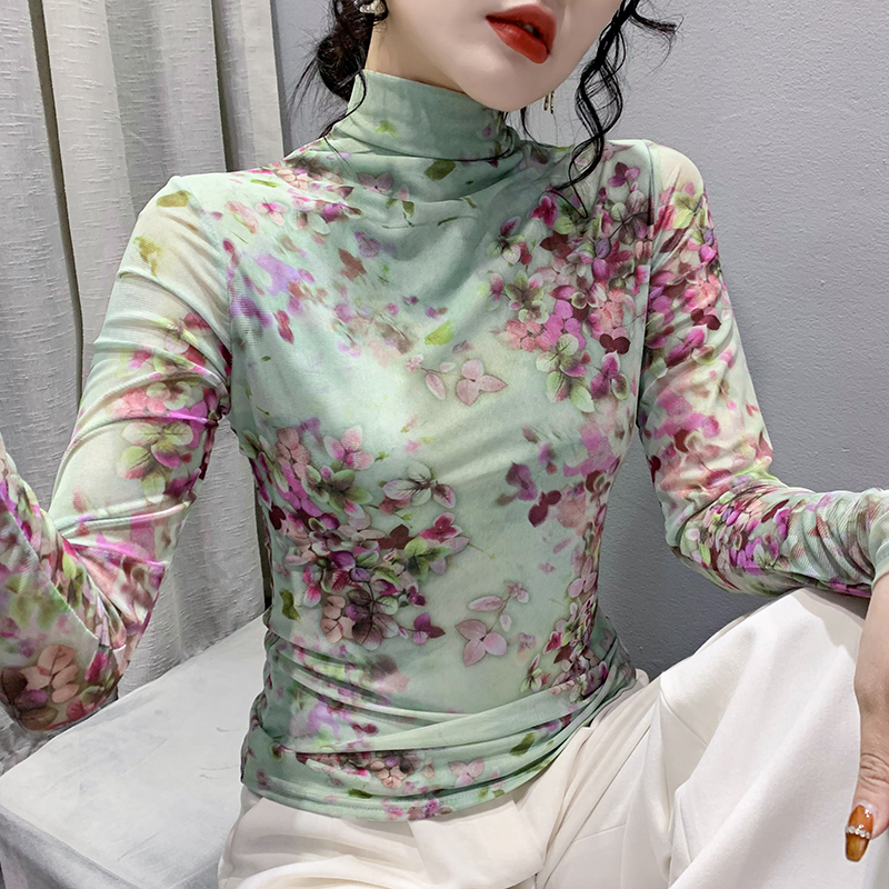 Höst vinter tjock mesh t-shirt kvinnor polotröja långärmad tryckt blommig bas t-shirts dam söta t-shirts  ff6617