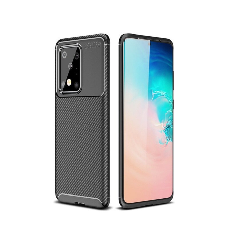 Suitable for Samsung S20 ultra carbon fiber beetle anti-fall shell Note10 lite cooling TPU protective Business style cover: black