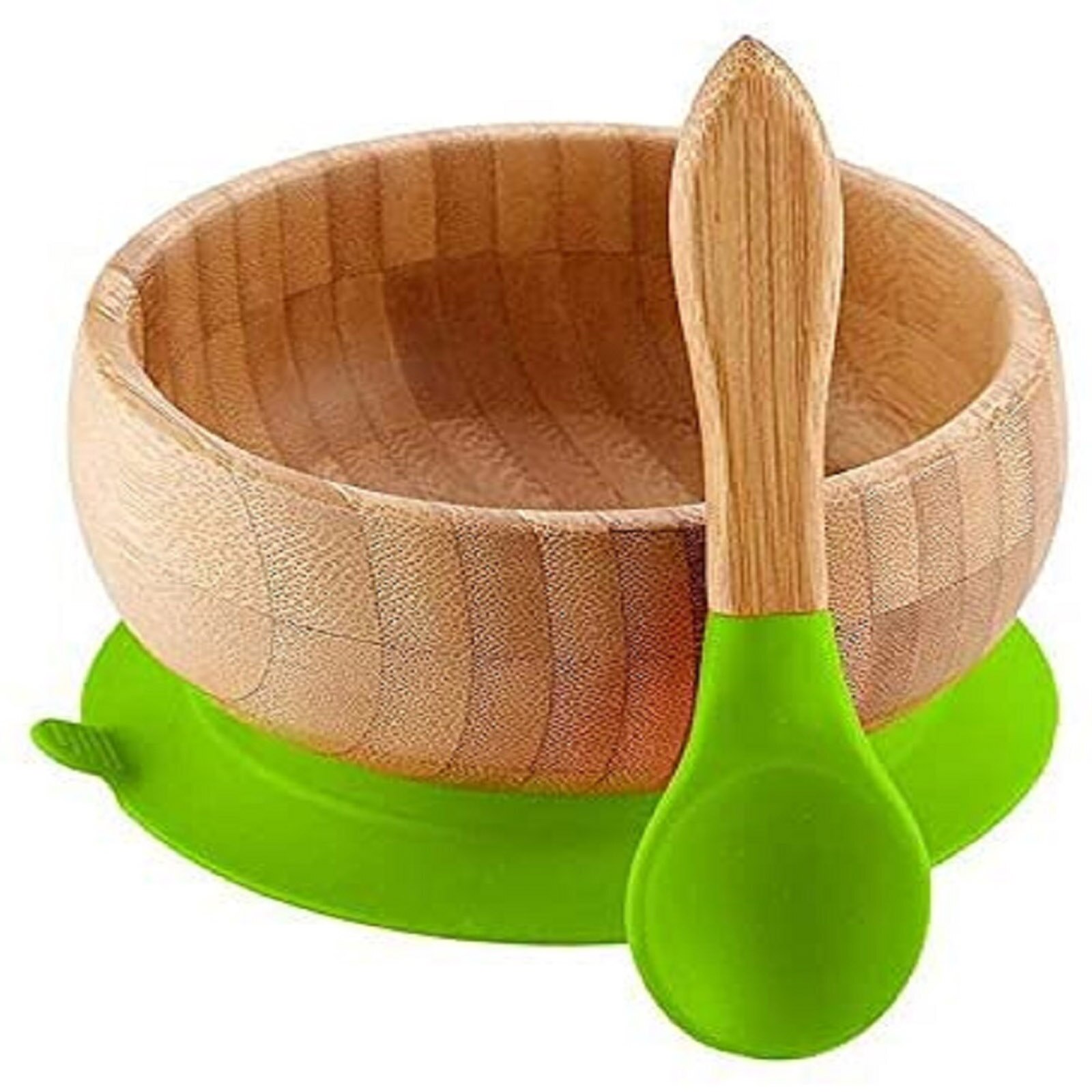 Cuchara de tazón para bebé, cubiertos de alimentación de bambú, inferior de succión libre de BPA, utensilios ecológicos para niños, vajilla de entrenamiento para bebé: green