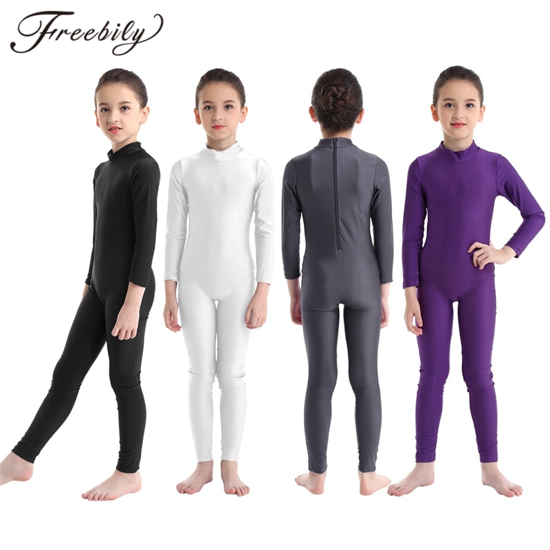 Kids Girls Long Sleeve Zippered Ballet Dance Gymnastics Unitard Catsuit Stirrup Nylon Lycra Show Stage Wear Leotard Bodysuit