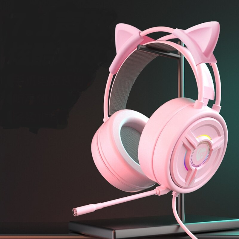 Pink RGB Gaming Headphone Wired Headset USB Mic Headphone Plugs Girls T84D