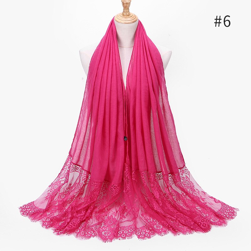 Two Sides Floral Lace Hijabs Viscose Head Scarves Muslim Womens Plain Maxi Muffler Cotton Arab Shawl Tudung Turban 1PC: 6 rose red