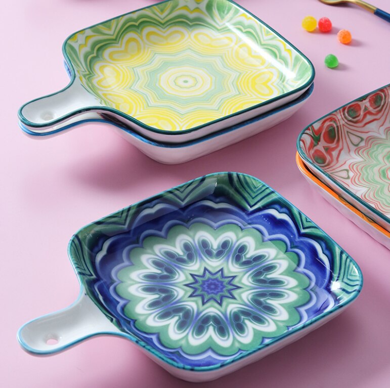 Bohemian Style Single Handle Square Baking Tray Ceramic Plate Household Dishes For Kitchen Utensils