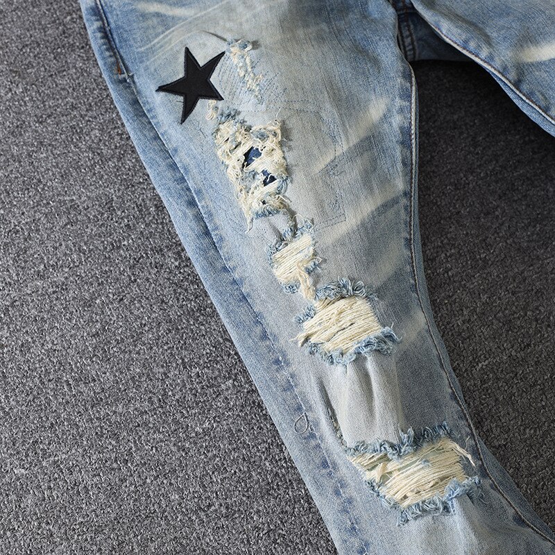 Mannen Mannelijke Mode Gaten Broek Heren Blauw Populaire Vijfpuntige Ster Borduurwerk Trend Wilde Eenvoudige Jeans mannen Denim Broek