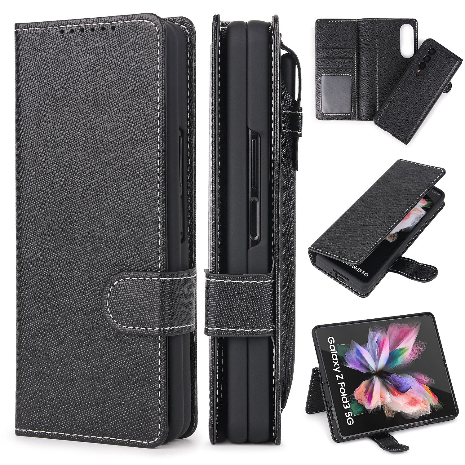 Afneembare Case Voor Samsung Galaxy Z Vouw 3 Pu Leer Magnetische Kickstand Shockproof Cover Met S Pen Stylus Houder: Cross Pattern black