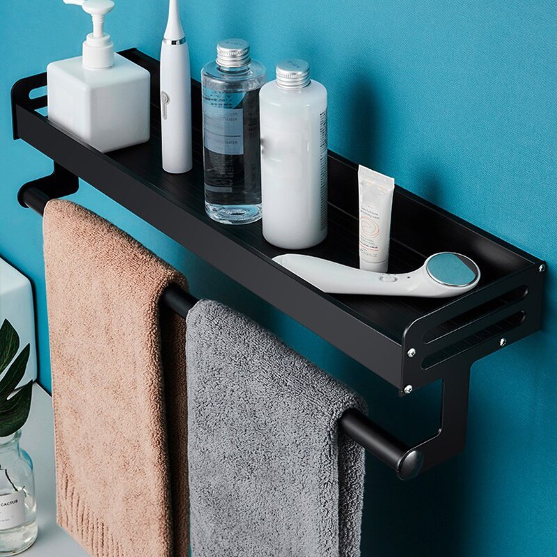 Sort aluminium badeværelse hylde vægmonteret firkantet shampoo hylde kosmetiske hylder køkken opbevaring hylde rack arrangør di