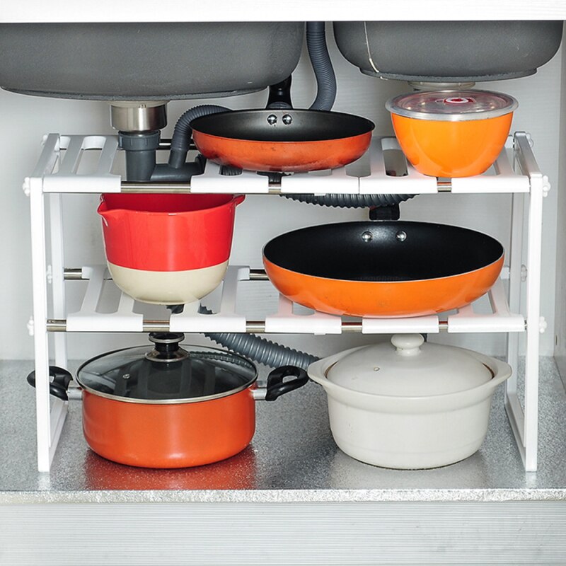 1PC Adjustable Kitchen Storage Rack Metal Cupboard Storage Shelf Non-Skid Spice Rack Under Sink Shelf Kitchenware Organizer