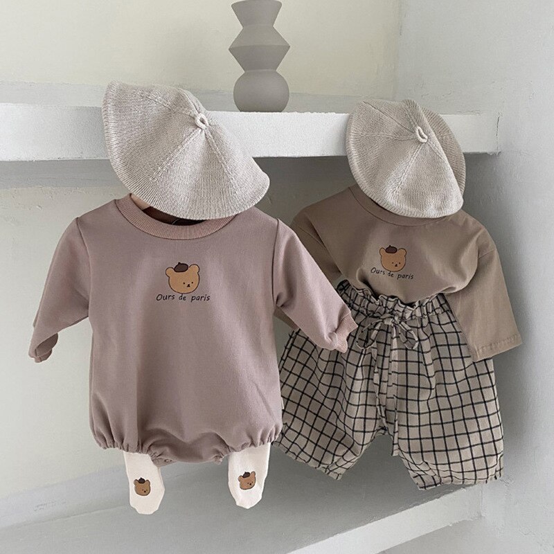 Koodykids nova primavera bebê menina menino bodysuits criança menino macacão do vintage urso impresso macacão outono manga longa roupas 2021