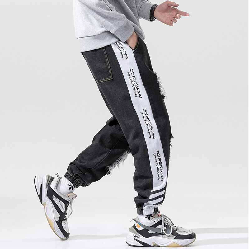 Høst jeans med hull for menn cargobukser koreanske klær og bukse med bokstavtrykk pluss størrelse baggy haremsbukser