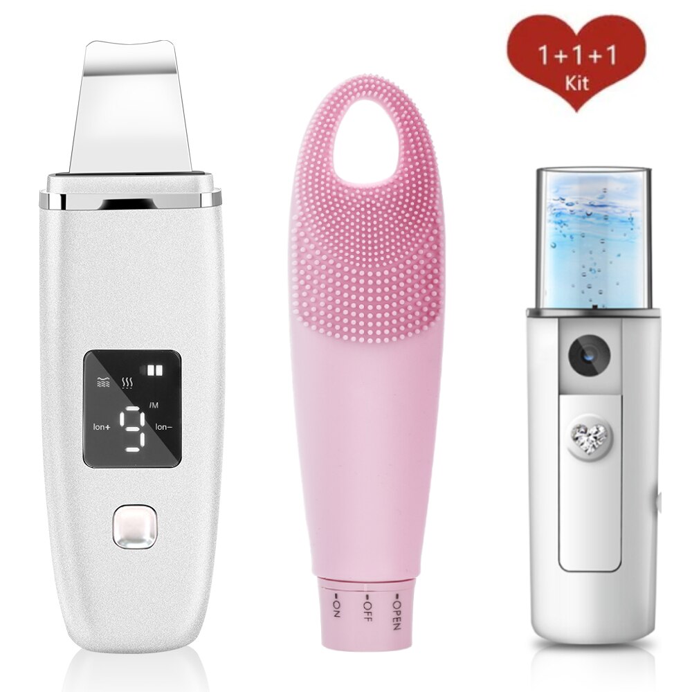 Ultrasonic Skin Scrubber Facial Cleaner Machine Face Blackhead Remover Spa Nano Sparyer Steamer Skin Care Tool: set 1