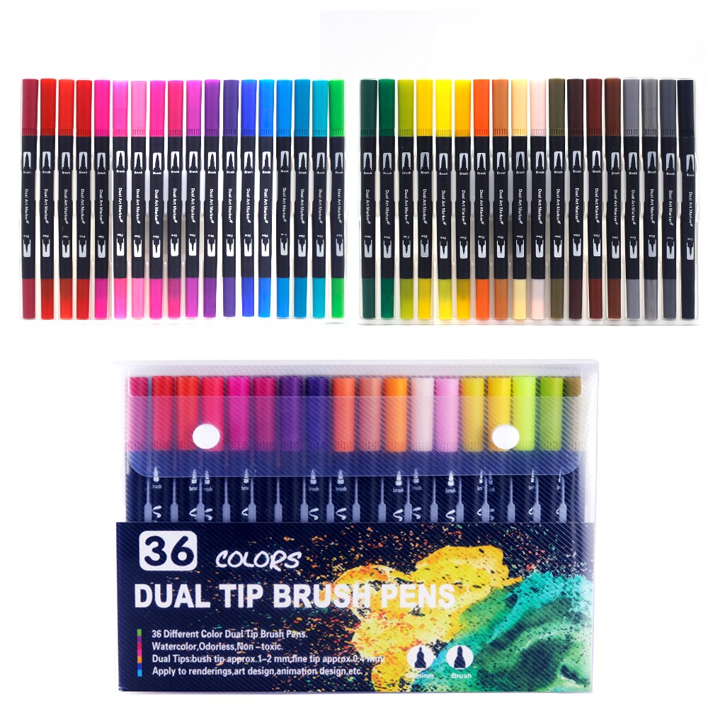 Tuscher sæt 36/48/72/120 farver fineliner dobbelt spids pensel pen tegning maleri akvarel kunst tusch penne til manga kunst forsyninger: B -36 farve