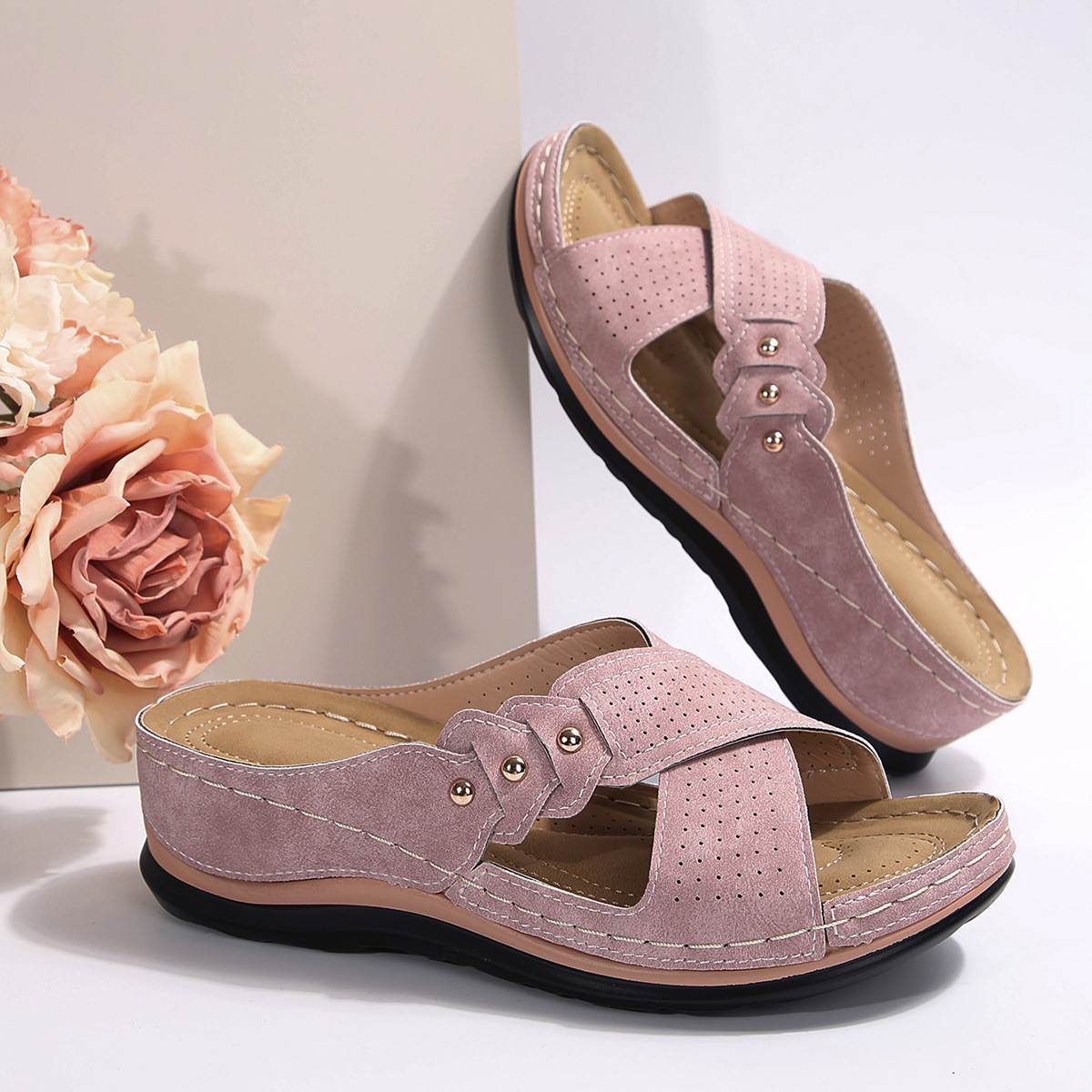 Vintage Mid Hak Strappy Rug Open Teen Slide Sandalen-Zachte Faux Lederen Bovenkant, Comfortabele Pu-Zool Comfortabele Schoenen Voor Dames: Roze / 36