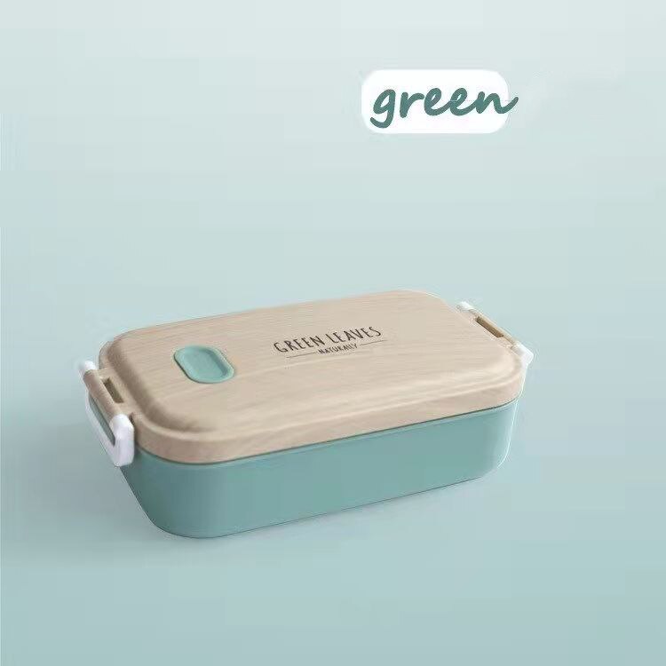 Wood Grain Lunch Box, Multi-layer Bento Box, Anti-scalding Student Heat Preservation Stainless Steel Office Worker Lunch Box: 1-green-600ml
