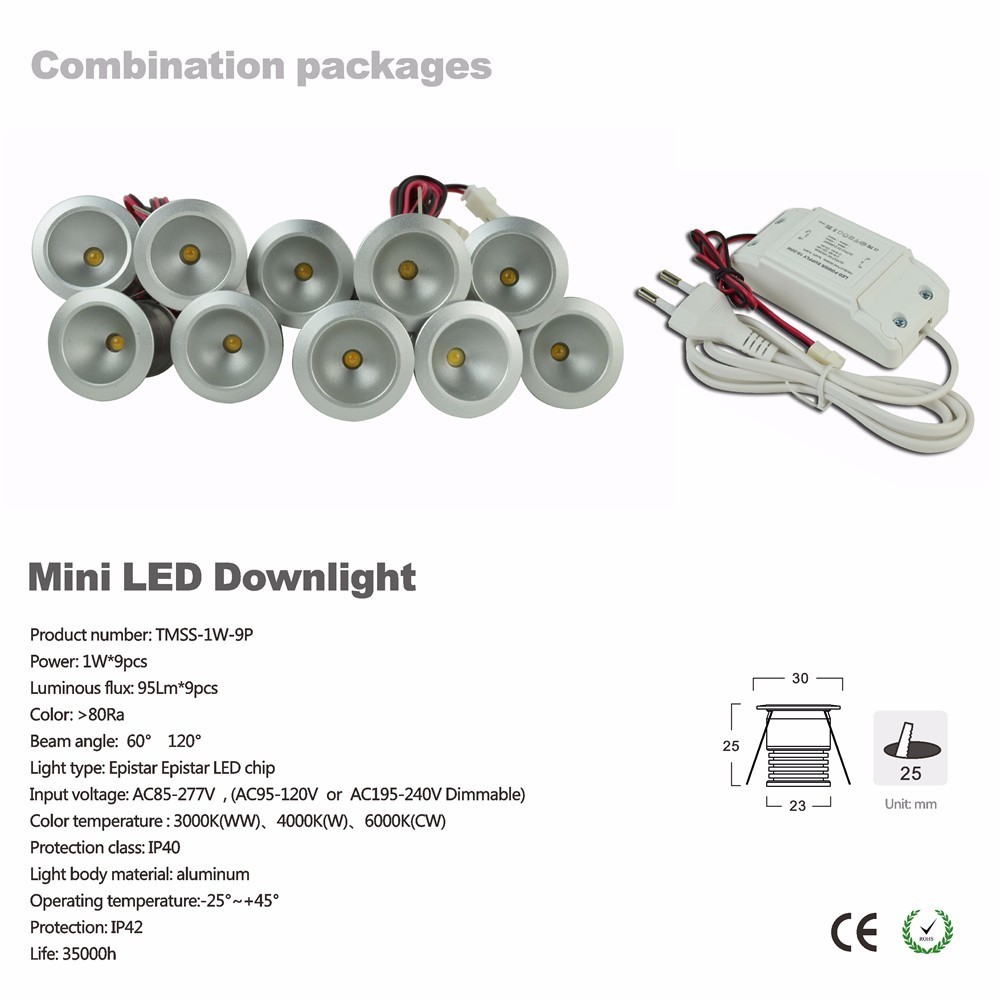 1W Mini Led Spot Lights Dimmable AC85-277V Driver Lighting 25mm Cutout Recessed Downlight 60D/120D DIY Spotlight 9pcs/set