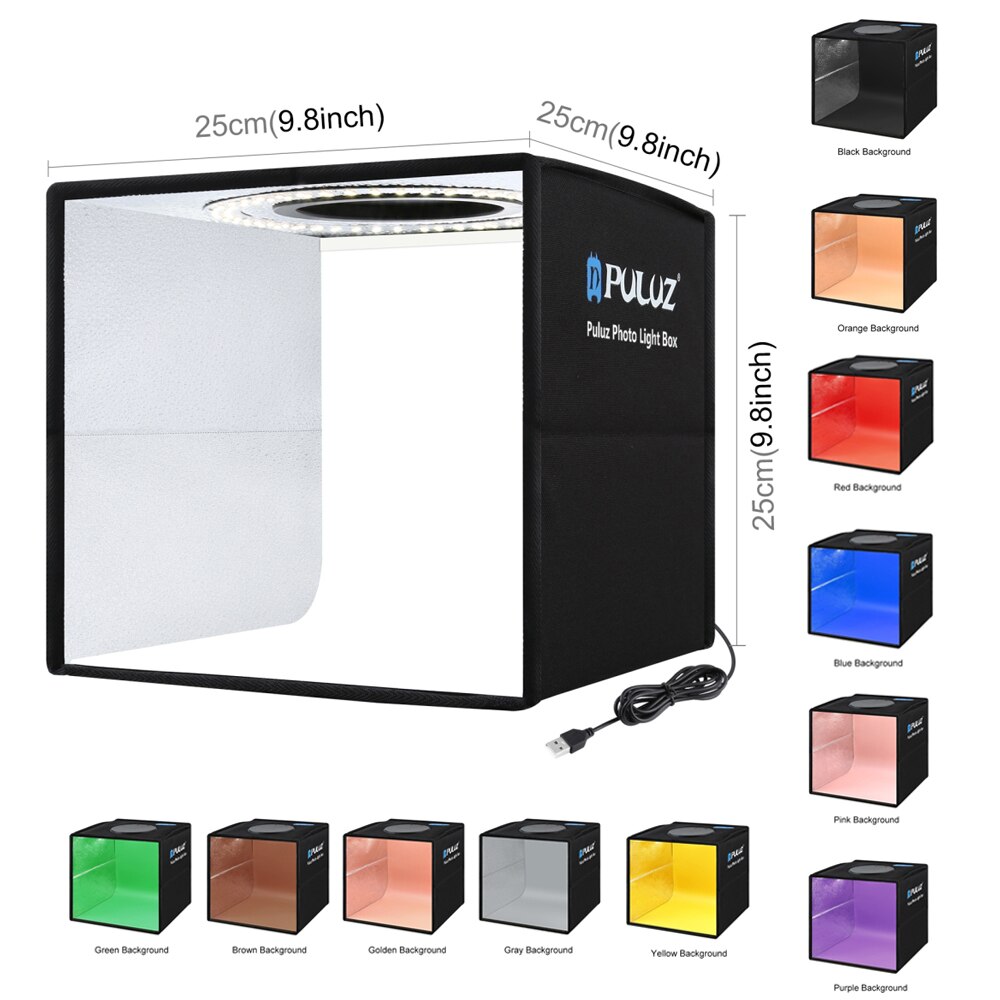 PULUZ 80 60 40 30 25 cm Folding Portable Ring LED Light Photo Lighting Studio Shooting Tent Box Kit with 6 12 Colors Backdrops: 25cm Black 12 Colors