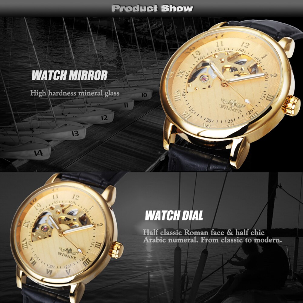 Luxe Gold Mechanical Hand Wind Horloges Mannen Lederen Band Mechanische Horloges Mannen Goedkope Prijs Montre Homme