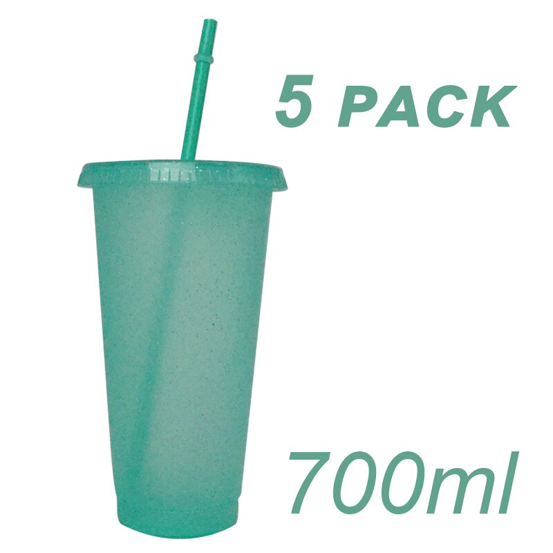 5Pcs/Set Reusable Straw Cup Sequined Glitter Cup Plastic Tumbler With Lid Reusable Plastic Cup Tumbler Cup: 700ml Cyan-blue