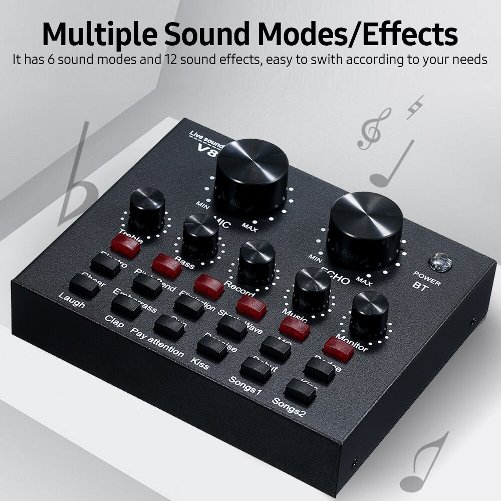 V8 Multifunctional External Sound Card 6 Sound Modes 12 Sound Effects for Online Singing Chatting Live Video Music Recording