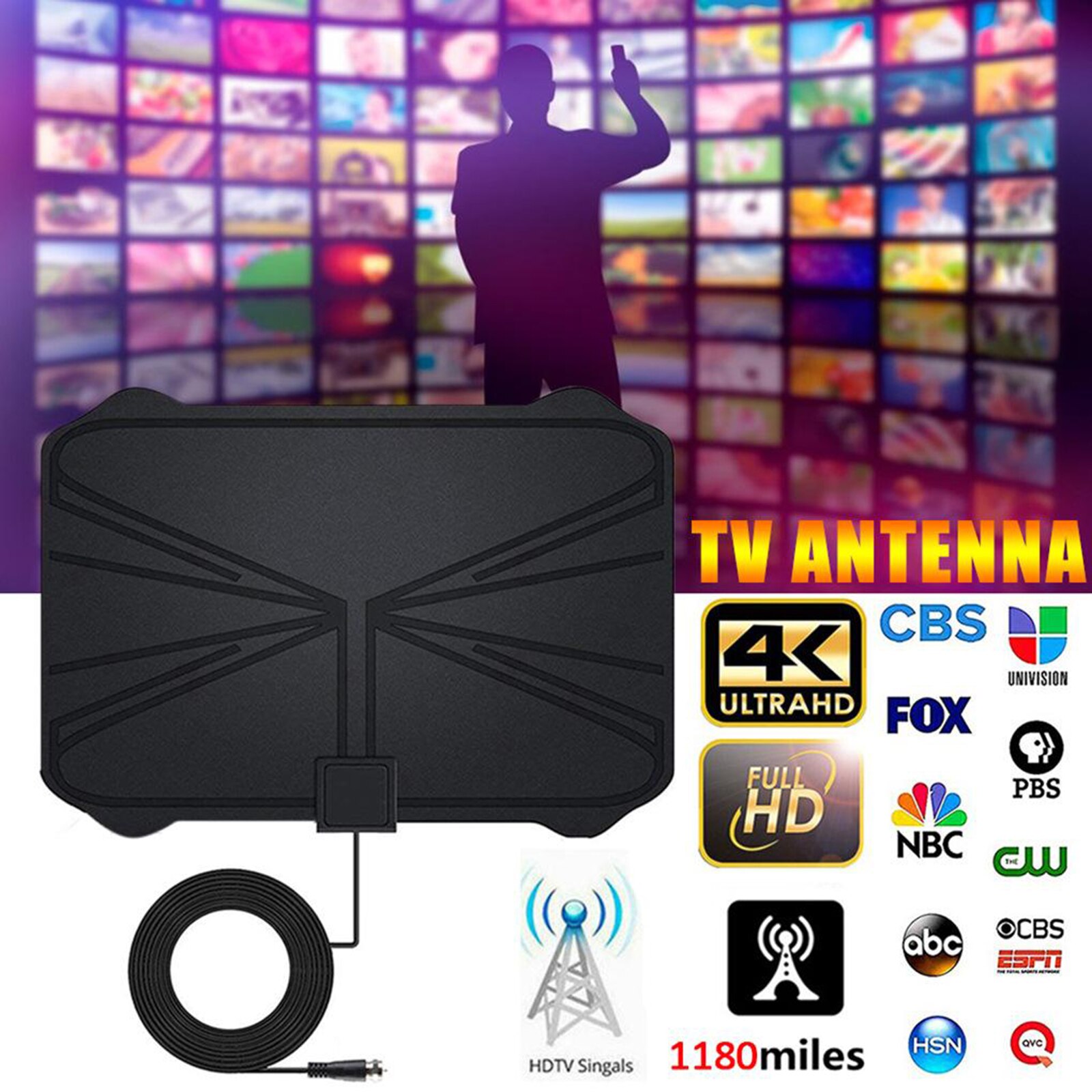 Amplified Digital TV Antenna 1180 Miles Range Support 4K 1080p Signal Booster VHF UHF Free view Television Local Channels