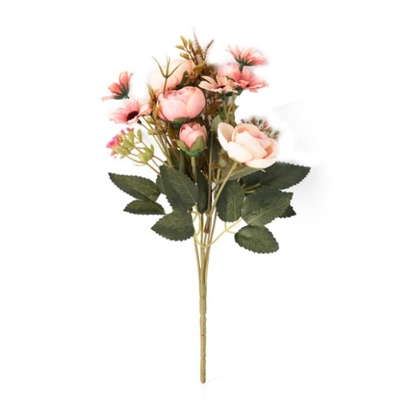 Flores artificiales baratas, jarrones pequeños de rosas de té para decoración del hogar, hojas decorativas de boda, costura, maceta Ornamental de Navidad