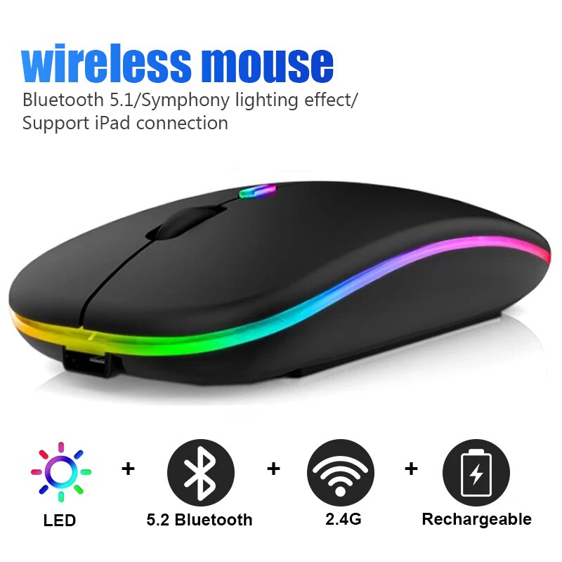 Bluetooth Wireless Mouse for PC Laptop IPad Tablet MacBook with RGB Backlight Ergonomic Silent USB Rechargeable Wireless Mice