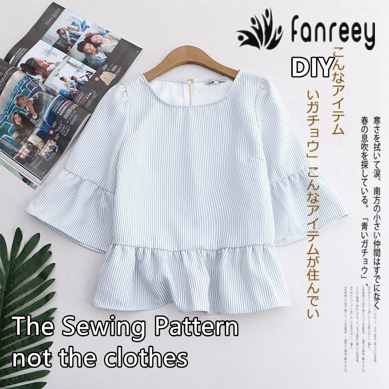 Camisa de manga de cuerno de señora a rayas patrón de costura Plantilla de corte de dibujo de ropa DIY M44