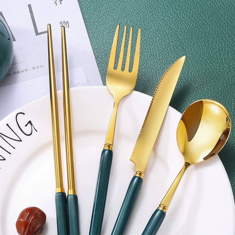 European-Style Ceramic Tableware Set Knife Fork Spoon Chopsticks 4-Piece Set 5 Colors Available Kitchen Supplies