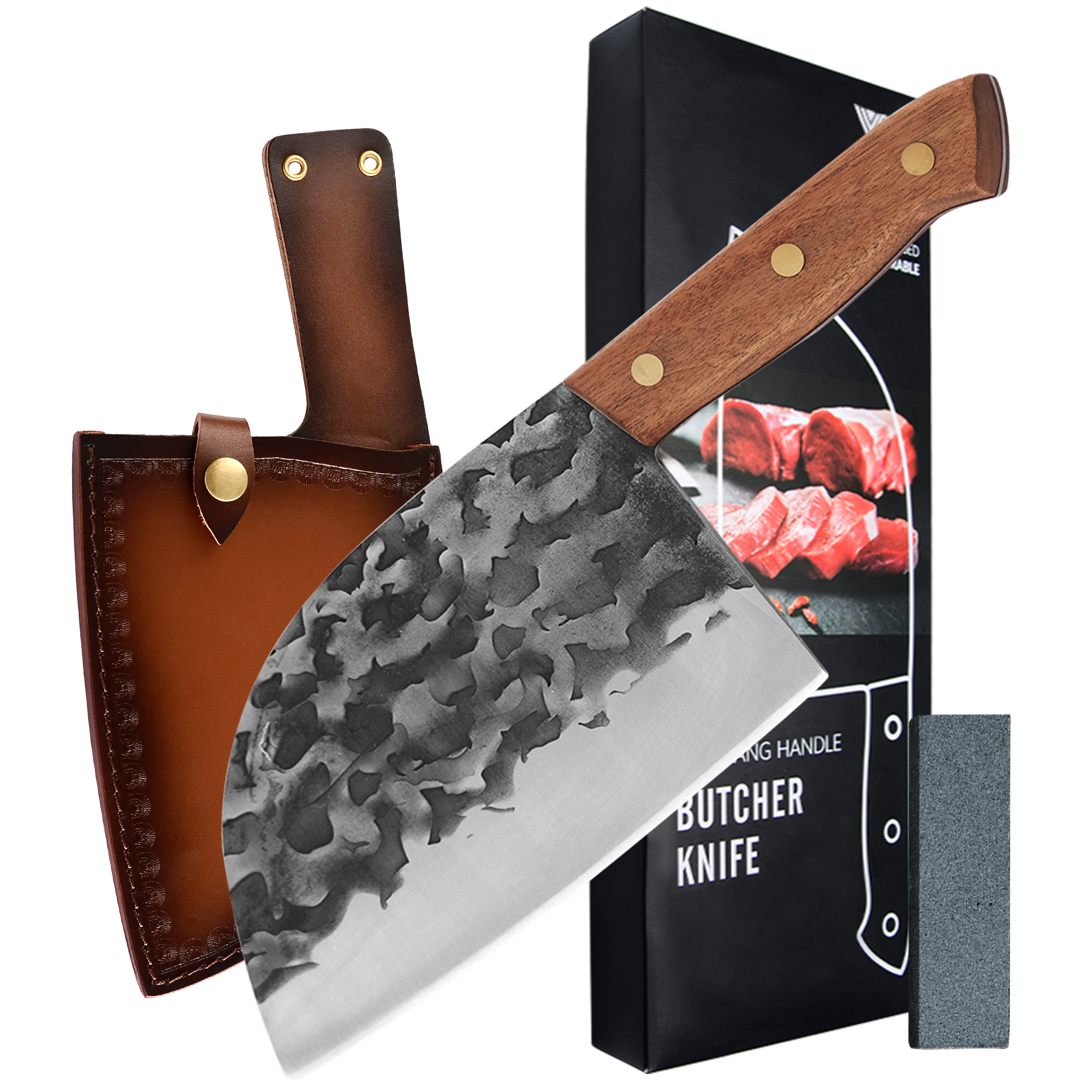 Handmade Forged Kitchen Butcher Knife Wide Blade Stainless Steel Knife Full Tang Wood Handle Cleaver Chopping Chef Knife Sheath