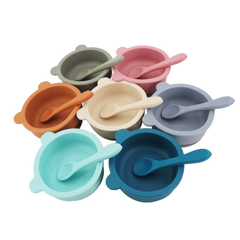 Chenkai 5Set 9 Color Baby Feeding Bowl Bear Shape Food Grade Silicone Anti-Flip Suction Tableware Infant Waterproof Bowl Spoon