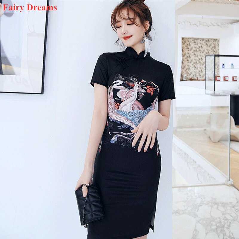 Cheongsam negro moderno vestido chino de verano Qipao rojo coronado dibujo de calavera ropa tradicional de talla grande Vestidos