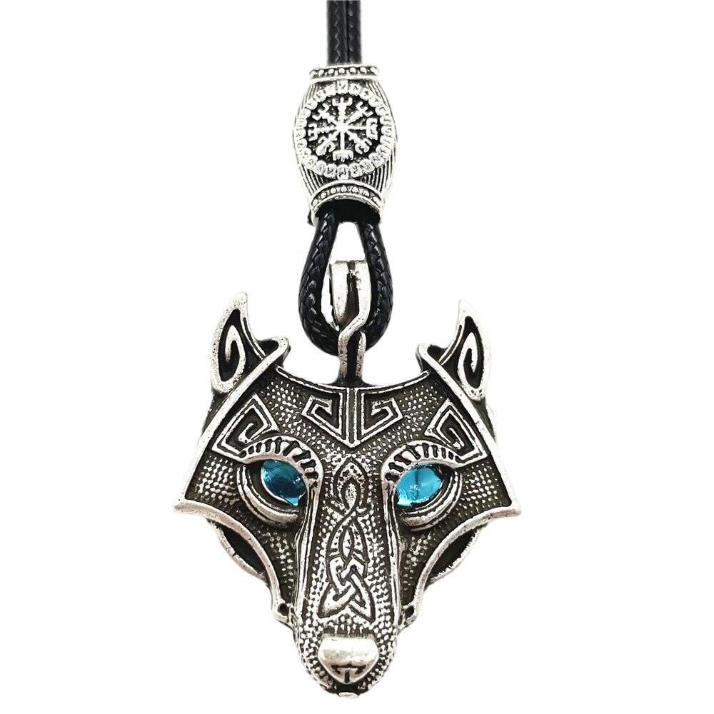 Wolf Hoofd Amulet Hanger Met Water Blauwe Ogen Noorse Runen Kralen Viking Ketting Pagan Talisman Jewlery Leveranciers: Compass Silver