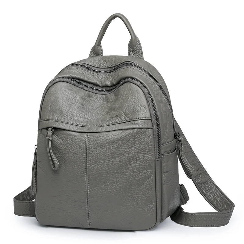 Gewassen leren rugzak met grote capaciteit Dames schoudertas Waterdichte en zachte reisrugzak Moeder Grote PU Mochilas Feminina: Donkergrijs