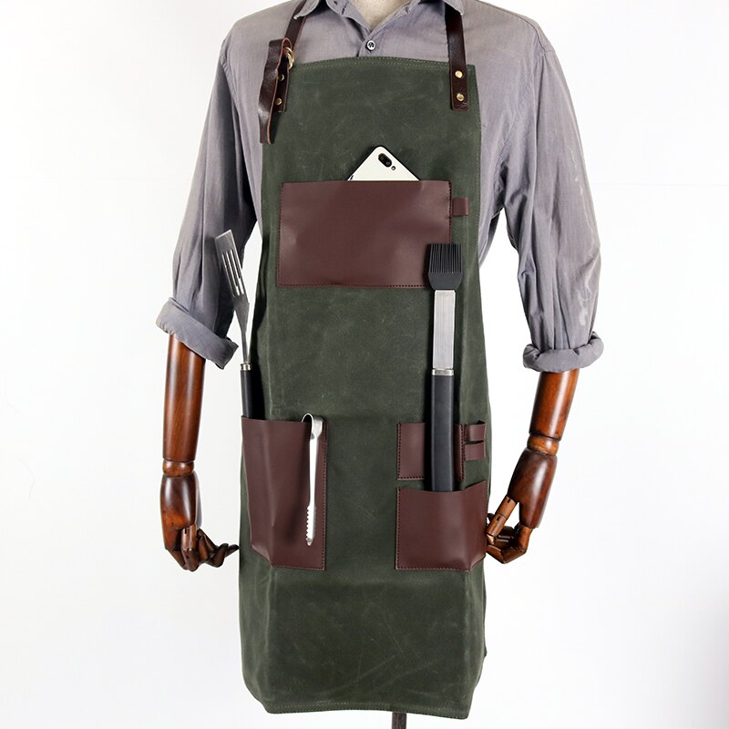 Weeyi vintage grøn vokset lærreds grillforklæder til kvinde mænd unisex forklæder til køkken madlavning bagning bbq kaffebar arbejdsforklæde