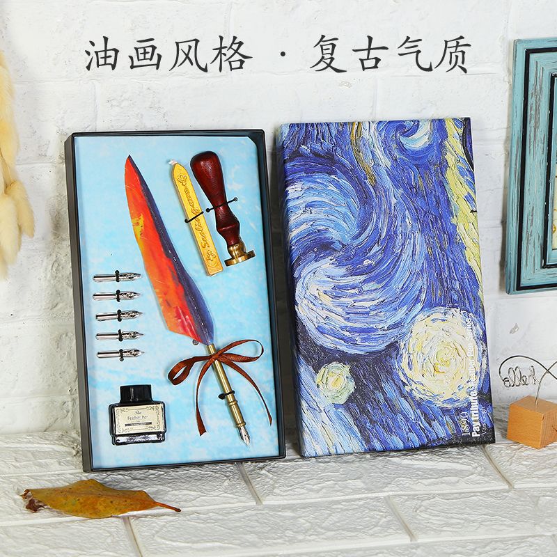European style Feather Pen Quill pen,Oil Painting Style Dip Pen English Calligraphy Pen with ink Pen Set