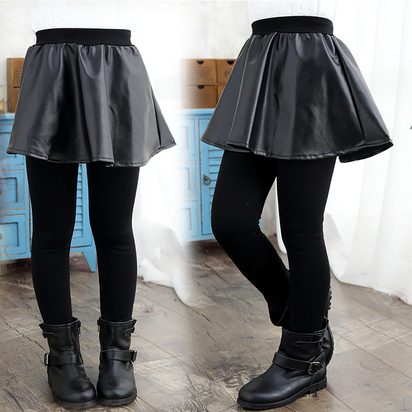 Jupe en cuir PU pour filles, Leggings d'hiver, pantalons pour enfants, polaire épaisse et chaude, faux deux pièces, Culotte pour enfants