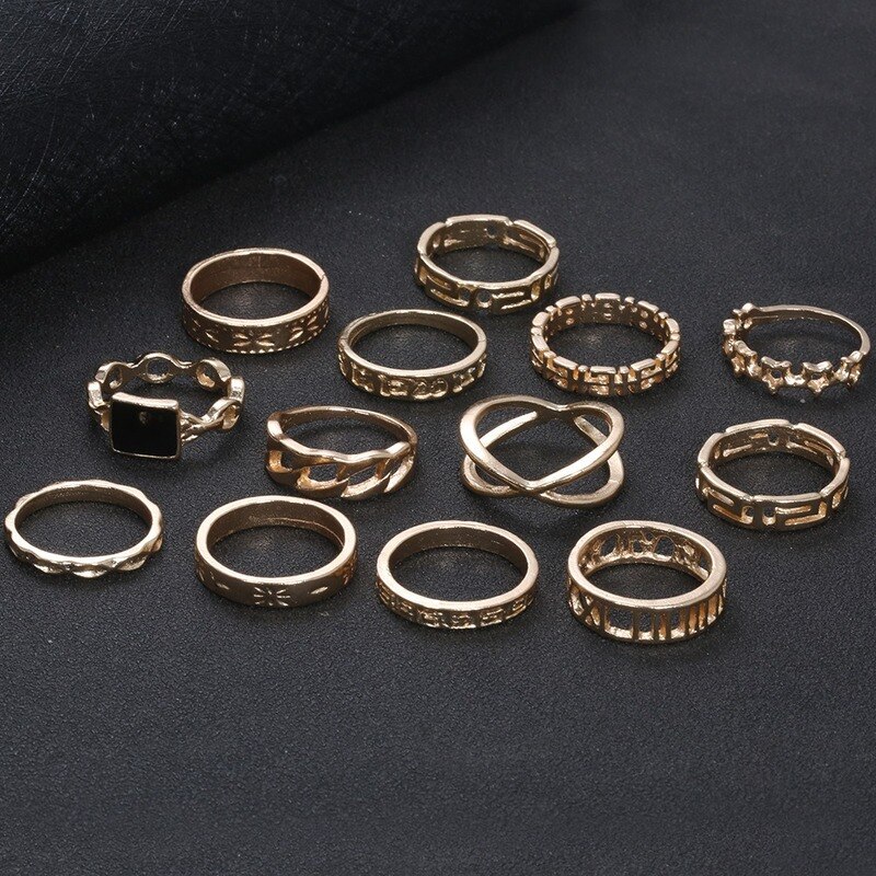 13Pcs Ring/Set Bohemian Vintage Gold Crescent Geometric Joint Ring for Women Crystal Personality Ring Set Party Jewelry