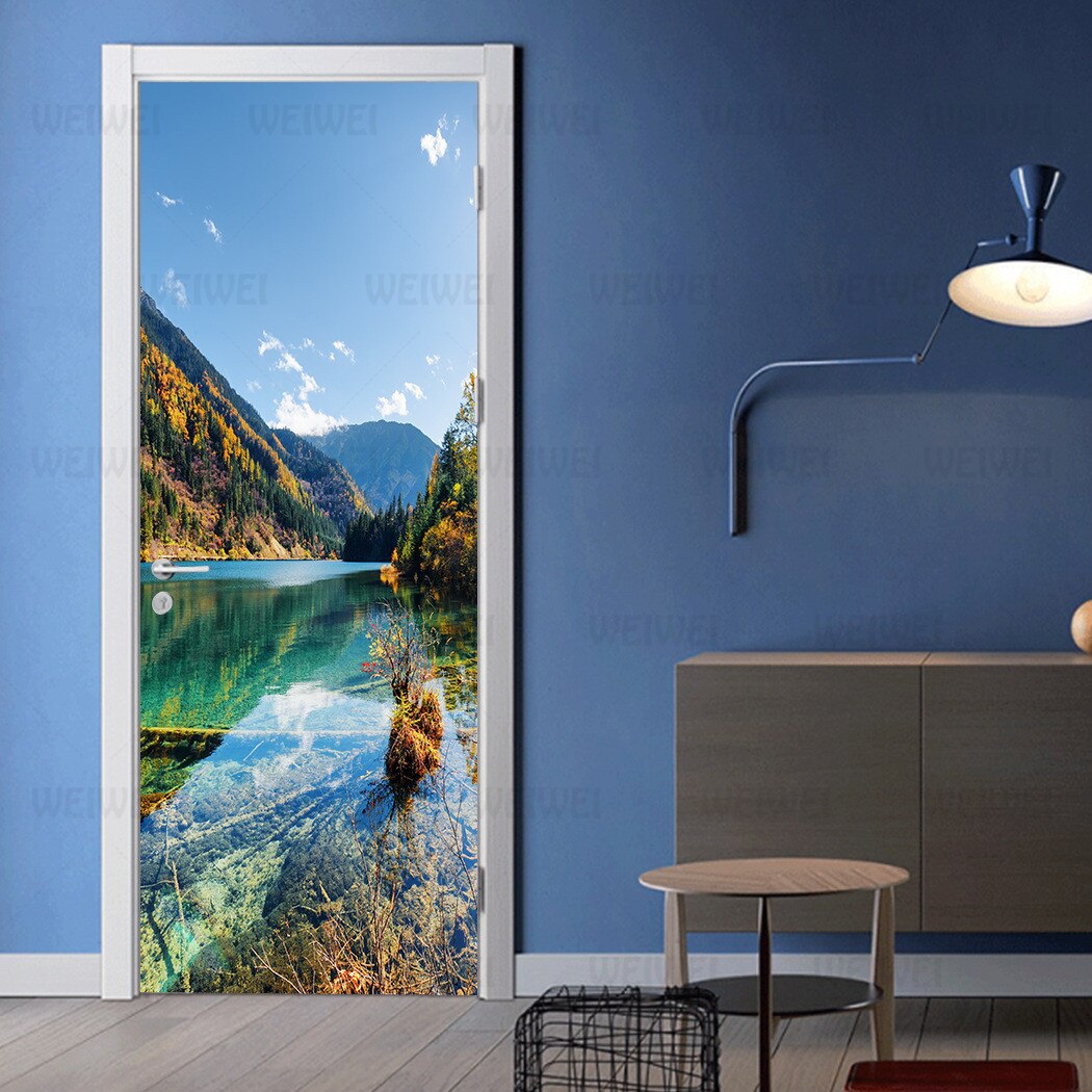 Beautiful Scenery and Beautiful Home Decoration Door Stickers Mountain and Lake Living Room Door Decals Bedroom PVC 2 Pieces Set